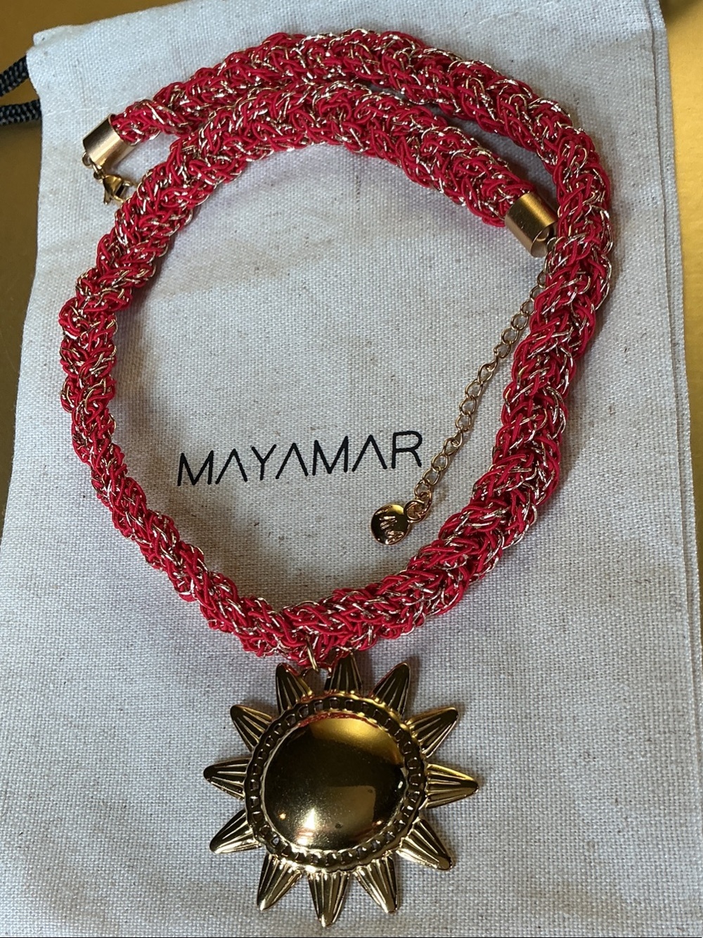 Braided Red Rope Necklace with Gold Sun Pendant by Mayamar